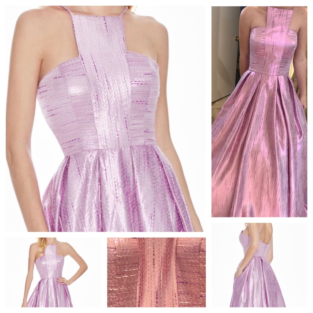 LAUREN ASHLEY Pink Halter Metallic Brocade Gown